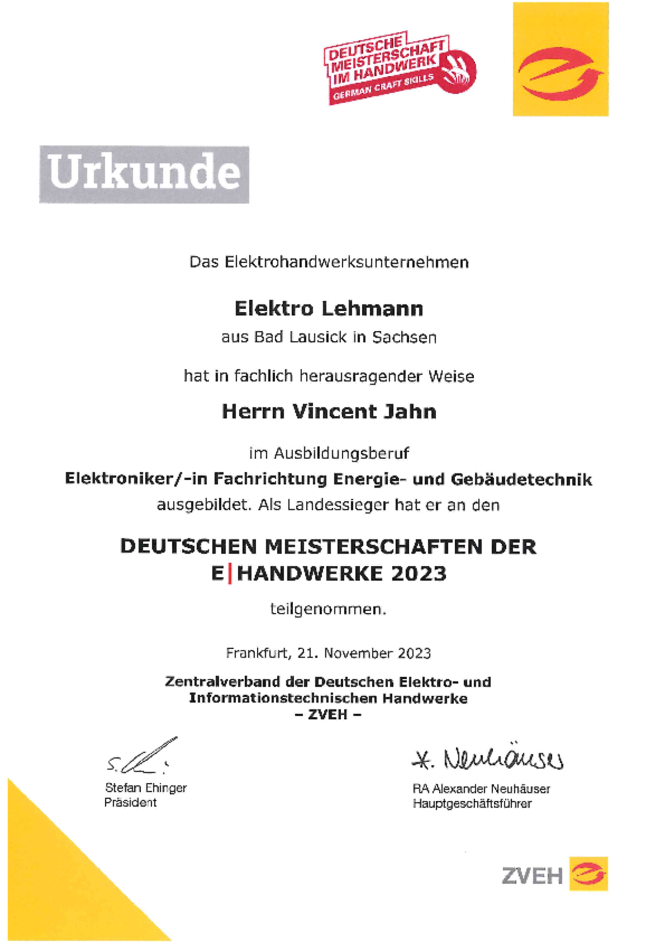 Urkunde Deutsche Meisterschaften der E|Handwerke 2023 bei Elektro Lehmann in Bad Lausick